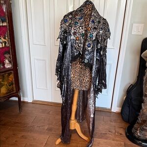 Vintage jeweled leather yoke wizard coat metallic boho duster L